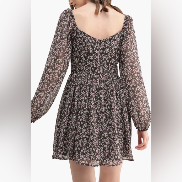 Lush Black Lace Long Sleeve Floral Print Mini Dress - Picture 2 of 7